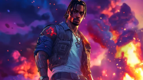 Digital painting of defiant hero against neon firestorm sky.