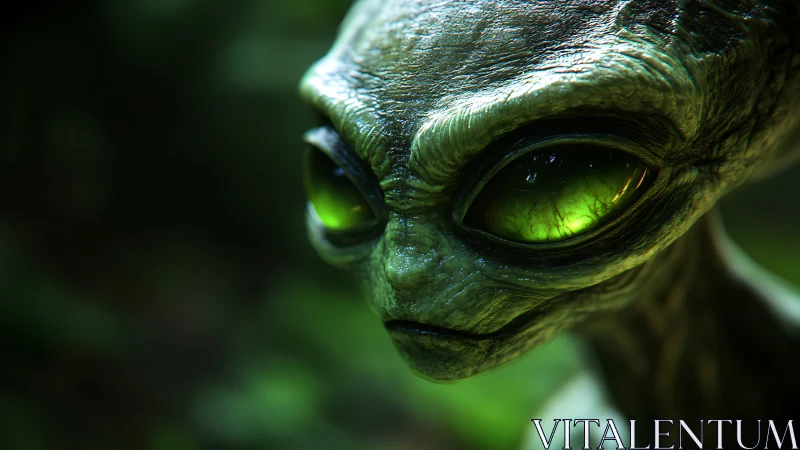 Close-up 3D render of green-eyed extraterrestrial face