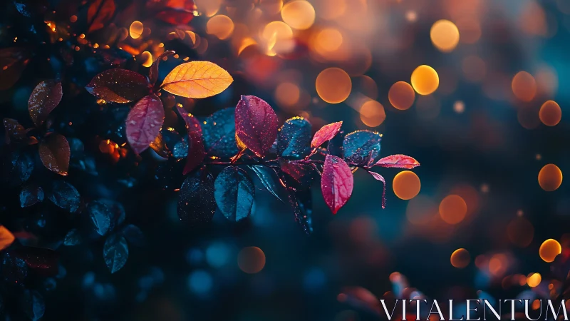 Glowing autumn leaves against dreamy bokeh twilight backdrop.