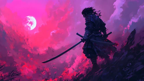Samurai silhouette on ridge under vivid magenta moonlit sky.