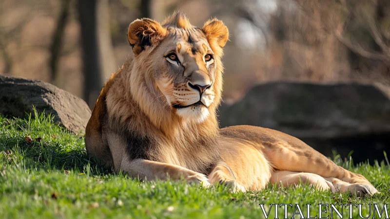 Photorealistic lion portrait in sunlit natural habitat study.