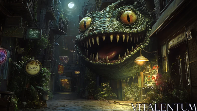 Gigantic reptilian head intrudes into neon alley with cinematic lighting