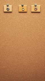 Cork board surface with three wooden clips holding circular metal fasteners