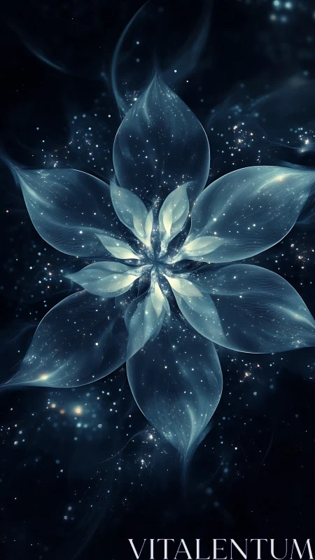 Translucent multi-petal form within star-dotted dark field.