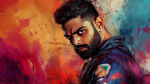 Intense bearded man in jacket against vivid abstract backdrop.