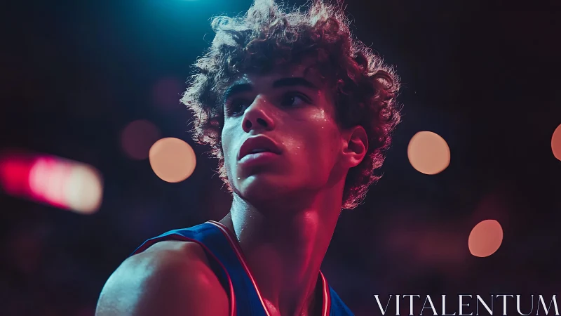 Young basketball player studies arena lights under neon glow
