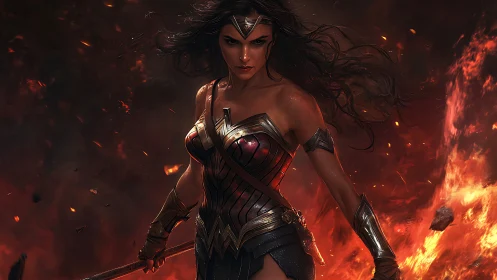 Armored female warrior stands amid fire and drifting embers