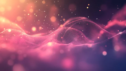 Abstract glowing waves with particles in vibrant pink and orange hues.