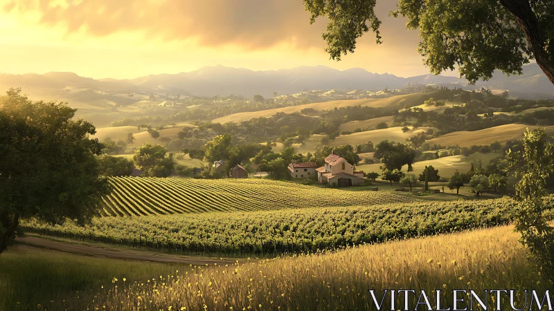 Sunlit hillside vineyard estate under soft golden sky.
