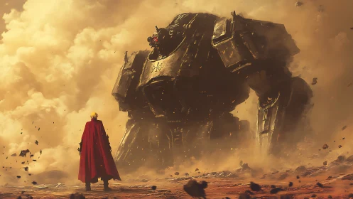 Crimson‑cloaked warrior confronting storm‑wreathed war mech.