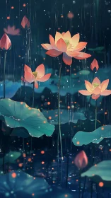 Nocturnal lotus garden under warm rainlit bokeh glow.