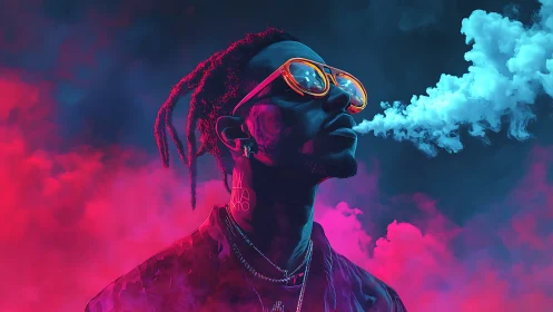 Neon backlit portrait isolates vapor plume in dual color contrast