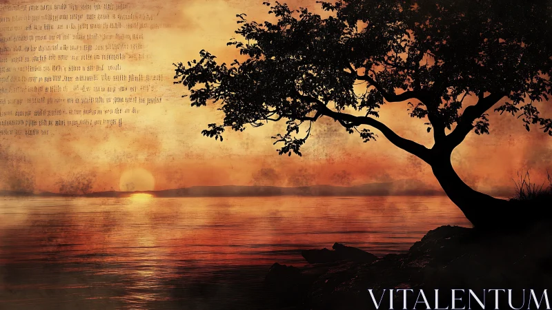 Silhouetted shoreline tree against textured orange sunset sky