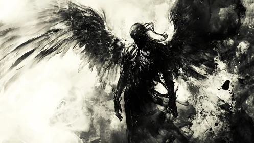 Dark winged entity in high contrast monochrome abstraction.