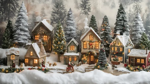 Miniature winter village tableau with illuminated dwellings.