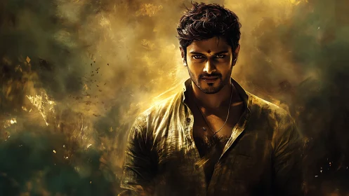 Portrait centers a man in golden-toned atmospheric haze