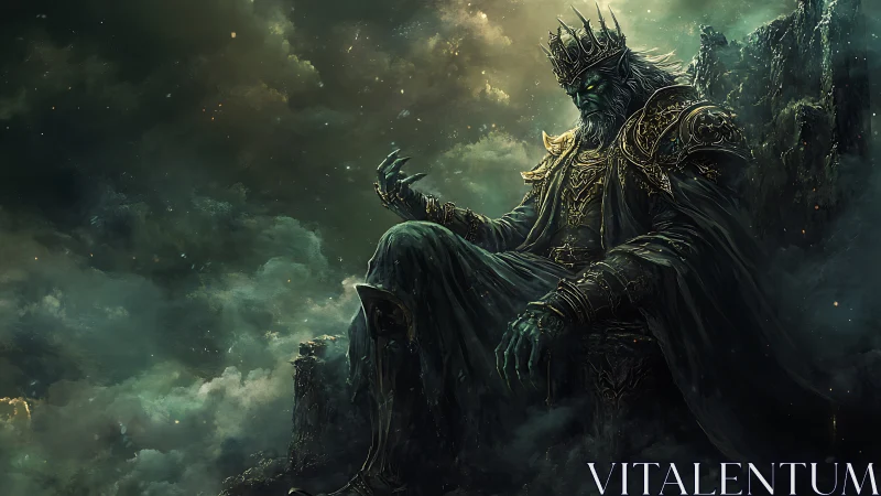 Brooding undead king resting on a misty mountain throne.