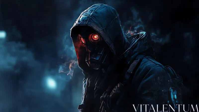 Hooded gas mask figure glows amid dystopian blue haze.