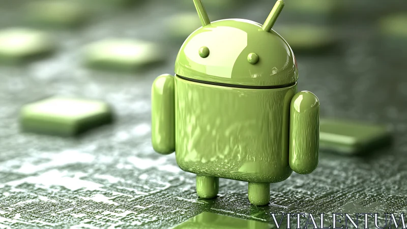Glossy green android mascot stands on soft-focus circuit board