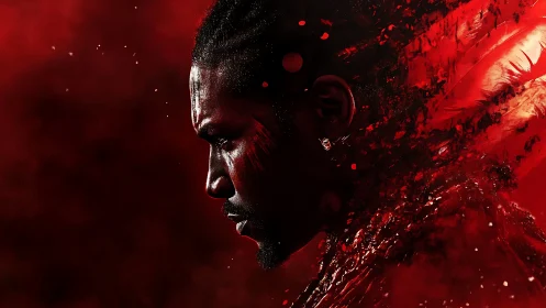Bold warrior portrait glows in deep red cinematic haze