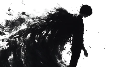 Shadowed figure dissolves into swirling black ink storm.