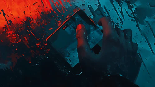 Wet touchscreen interface under neon bicolor cinematic illumination.