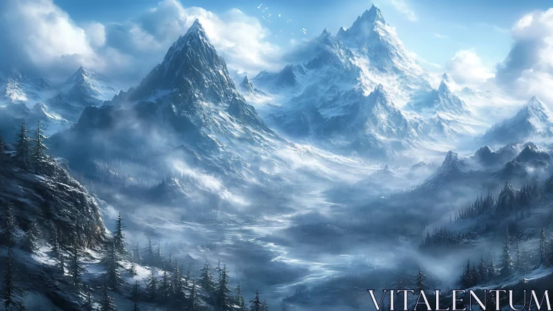 Snow covered mountain range with mist filled conifer valley.