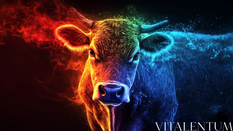 Cow portrait divides into red fire left and blue water right