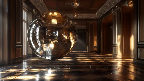 Floating mirrored sphere in ornate sunlit corridor.
