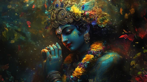 Blue-skinned figure with ornate floral headdress holds hands together