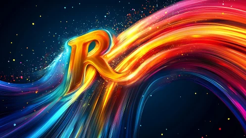 Chromatic energy streams sculpt a luminous 3D letter R form