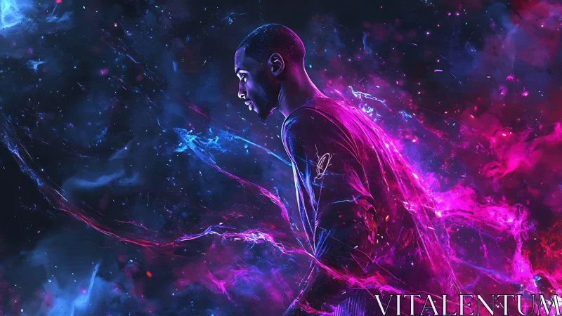 Neon-lit runner strides through swirling cosmic energy field.