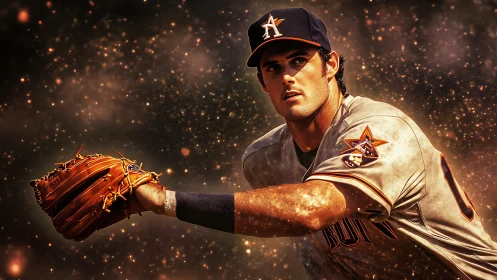 Starlit baseball pitcher hurls fire through glowing dusk air.