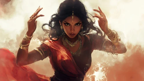 Mystic fire dancer in crimson sari amid swirling embers.