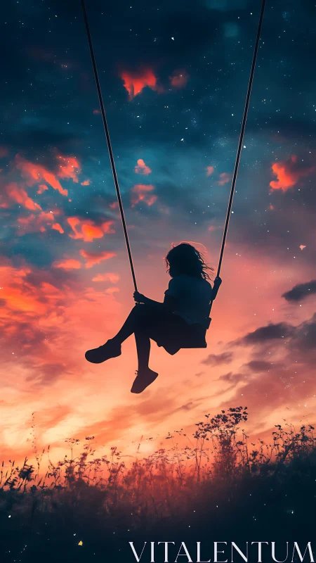 Silhouette of child on swing is set against dusk sky