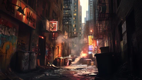 Moody cyberpunk alley with neon haze and city towers.
