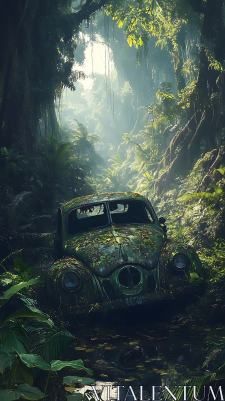 Abandoned jungle car reclaimed by dense tropical forest.