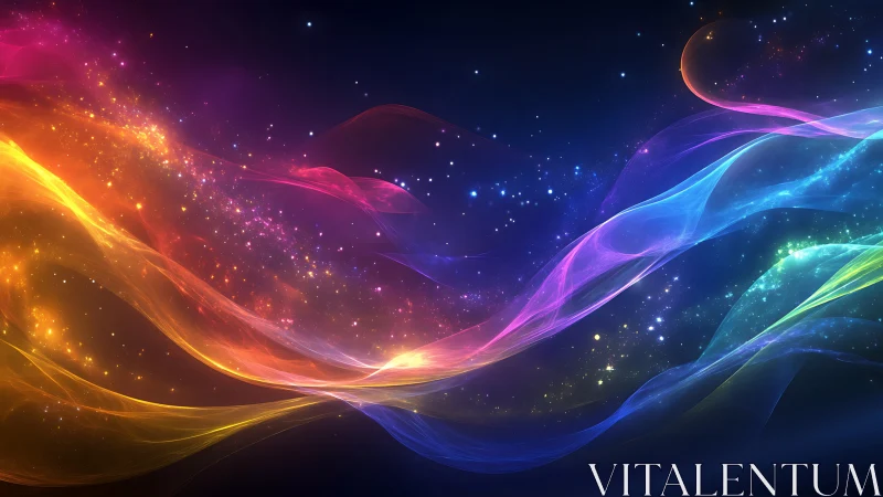 Prismatic cosmic waves sweep starlit void in radiant motion.