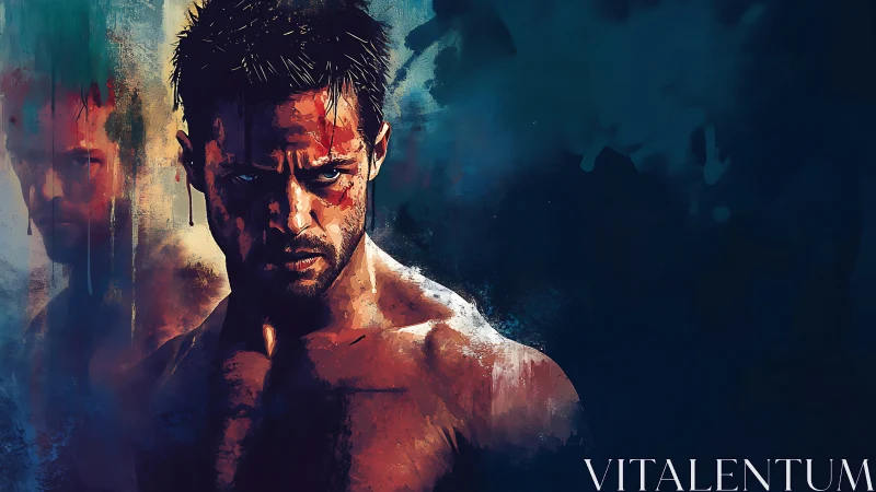 Storm-lit fighter gazes forward with raw determined focus