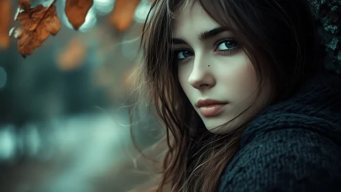 Young woman portrait in muted autumn outdoor setting.
