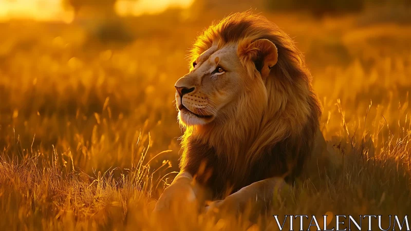 Lion rests in glowing savanna under golden sunset light.