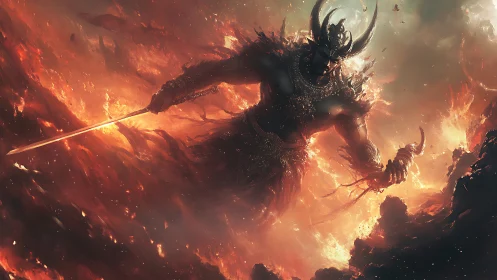Infernal warlord rising through apocalyptic firestorm sky.