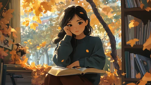 Female reader indoors beside window with autumn foliage.
