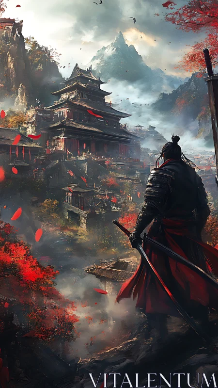 Armored ronin overlooking misty mountain citadel in autumn