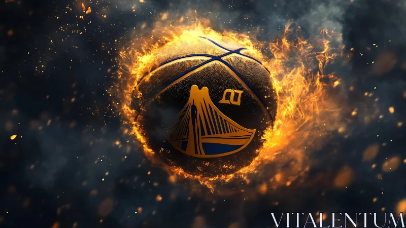 Fiery basketball blazes through smoky night sky in motion.
