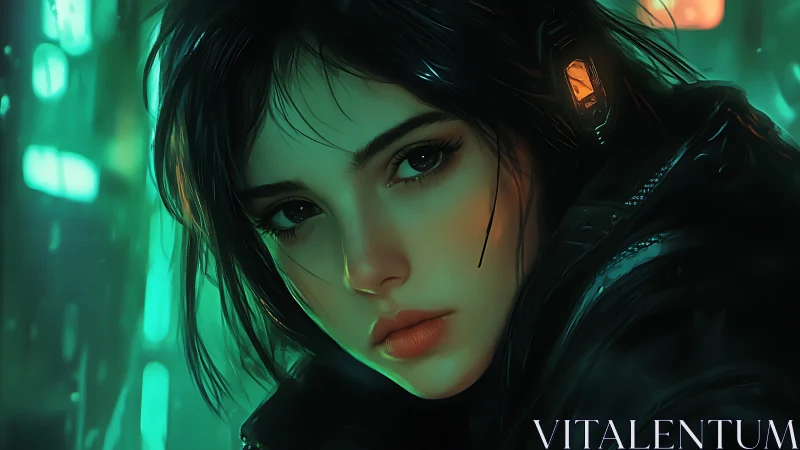 Cybernetic woman in teal city light, close portrait view.