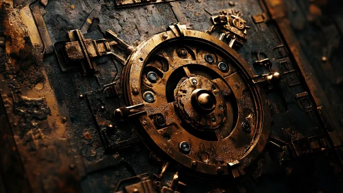 Industrial cyberpunk vault door with corroded security mechanics.