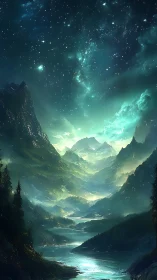 Starlit emerald valley extends beneath towering alpine peaks