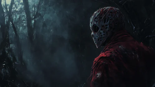 Masked killer silhouette in low key forest lighting with textured fog