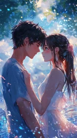 Side-view anime couple standing closely in reflective water.